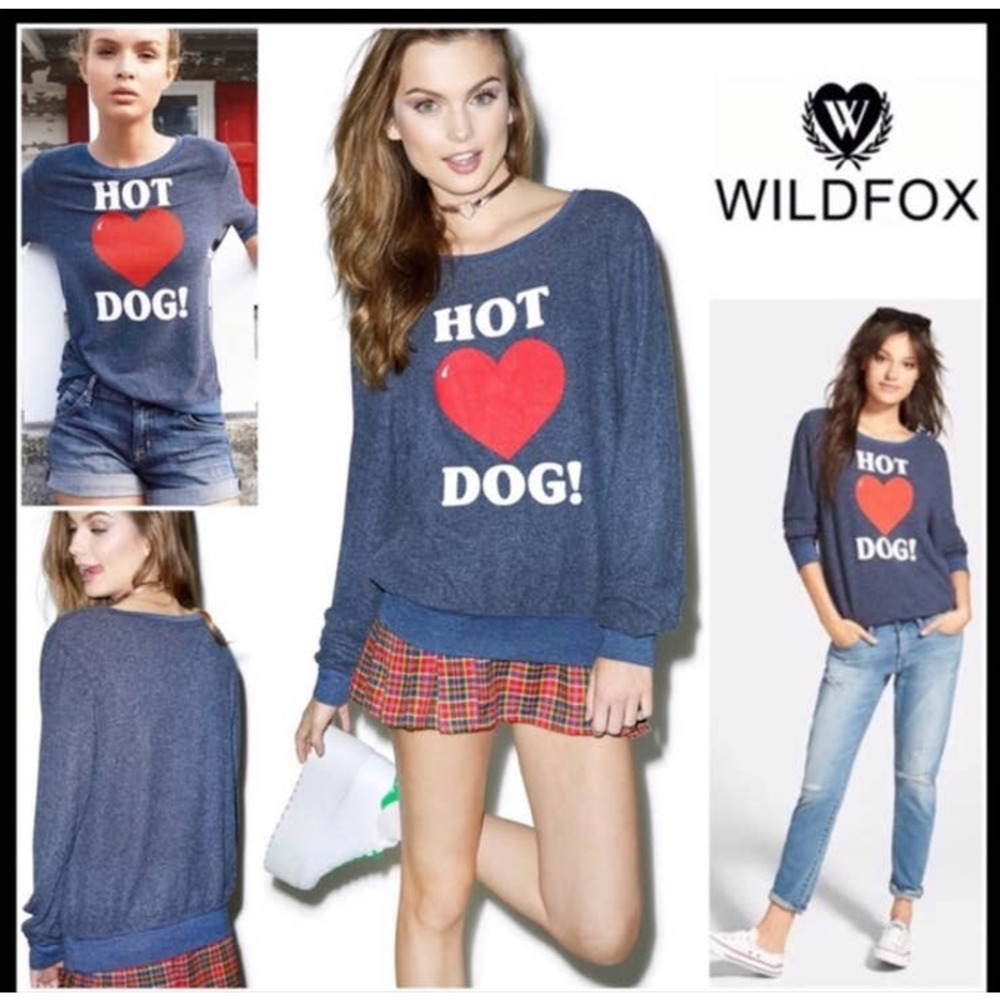 WILDFOX BAGGY JUMPER SWEATSHIRT ‘HOT DOG’ SLOUCHY Grey Crewneck PULLOVER Small